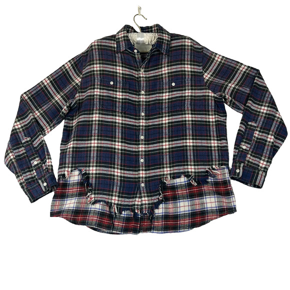 R13 Shirt Long Sleeve Womens L Blue Plaid Tattered Hem Patchwork Flannel - Picture 1 of 7